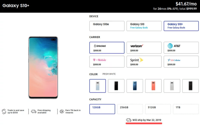 Samsung galaxy s10 ship later than expected